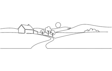 Landscape with village houses on hill. Continuous one line drawing, Village minimalistic contour illustration