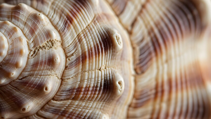 An extreme close up showing the intricate ridges and natural patterns of a spiral seashell