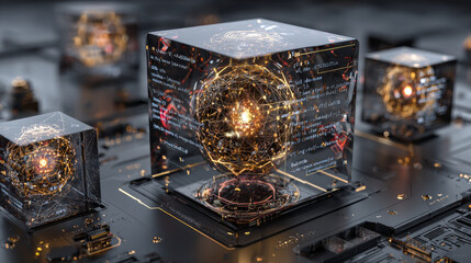 3D rendering abstract blocks of mathematical formulas that are in the virtual space. Camera inside the mathematical formulas