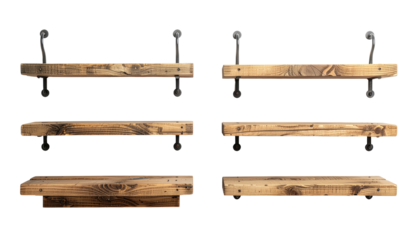 Rustic wooden shelves with metal supports on black