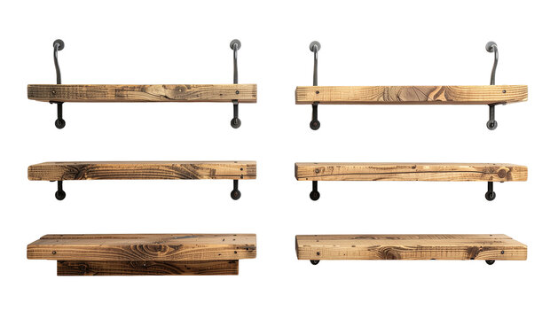 Rustic wooden shelves with metal supports on black