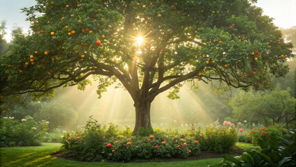 Obraz premium Sunlight shining through tree branches in a garden with flowers during early morning hours