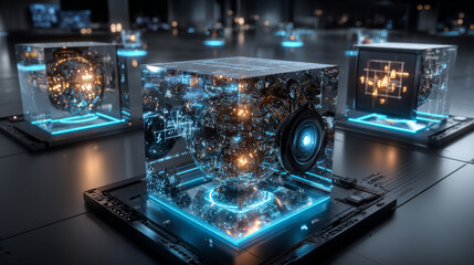 3D rendering abstract blocks of mathematical formulas that are in the virtual space. Camera inside the mathematical formulas