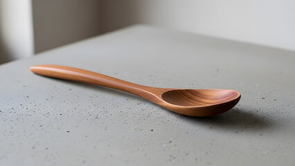 A minimalist shot of a smooth wooden spoon resting on a textured gray concrete surface