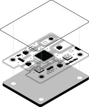 Isometric exploded view of smartphone motherboard blueprint. Chip circuits and electronic layers for tech diagrams, gadget schematics, hardware engineering and digital device assembly illustration