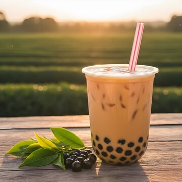 Bubble tea on wooden table with fresh tea leaves and bobas