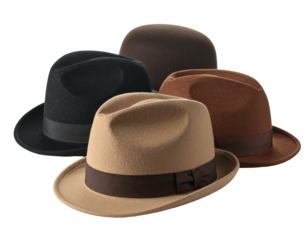 Four felt hats, varied colors, classic men's style