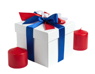 Gift box with patriotic ribbon and two red candles