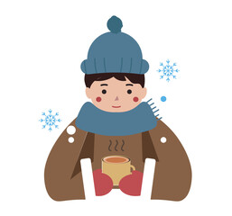 カフェラテを飲む男性。冬にホットドリンクで体を温める男性。カフェ。ベクターイラスト