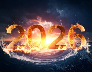 Fiery numerals of "2026" amidst tempestuous waves and sunset sky