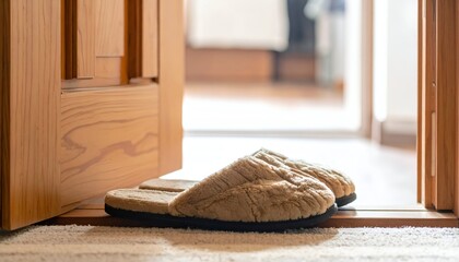 Plush slippers near open wooden door, inviting interior