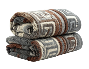 Rolled blankets, geometric pattern, cream, brown, gray