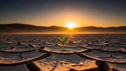A small green sprout emerging from cracked parched earth under a bright setting sun representing hope
