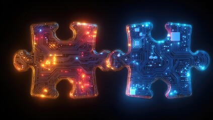 Two interconnected, glowing circuit board puzzle pieces, orange, blue, dark background