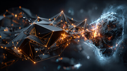 3D rendering abstract polygonal space low poly with connecting surface. Futuristic HUD background