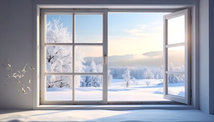 A winter wonderland view framed by a white window, sunlight streams through