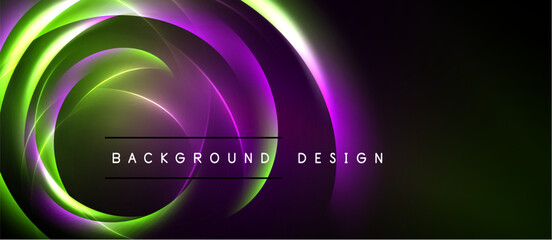 Abstract neon swirls, vibrant green, purple hues. Dark background creates dramatic visual effect. Text reads background design.