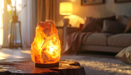 Warm living room with lit rock lamp, cozy couch, soft light