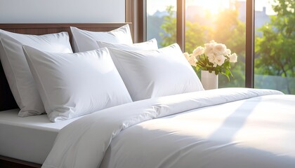 Bright, airy bedroom with white bedding, floral arrangement, and sunlight