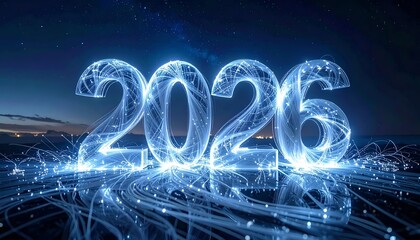Glowing digital representation of the year 2026, blue light in space