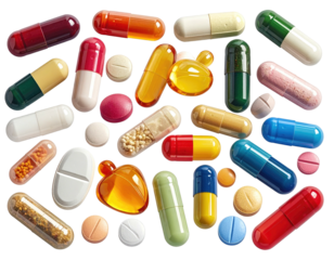 Assorted pills, capsules, tablets scattered on black