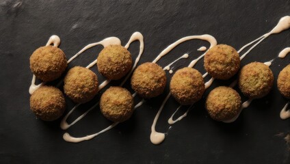 Delicious Falafel Balls Drizzled with Tahini Sauce on a Dark Surface.