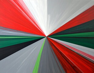 Radial abstract with vibrant red, green, and gray stripes converging