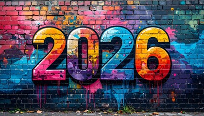 Colorful graffiti "2026" on a brick wall with vibrant paint splatters