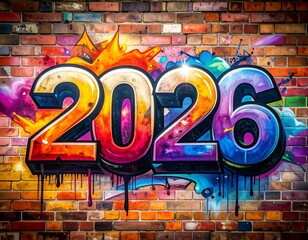Vibrant graffiti on brick, featuring the year 2026