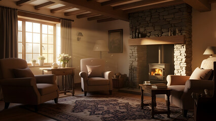 A cozy cottage interior featuring stone fireplace with burning wood and sunlight streaming through the window
