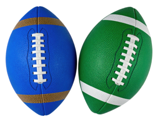 Two footballs, one blue, one green, side by side