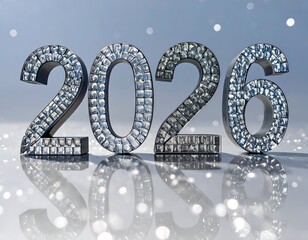 Sparkling 2026 numerals glisten, casting reflections, surrounded by bokeh