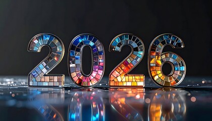 Year 2026 rendered with mosaic effect, reflecting on surface
