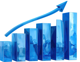 Ascending blue bar graph with arrow upward trend