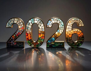 Shiny, golden "2026" made of stained glass, reflecting colorful light
