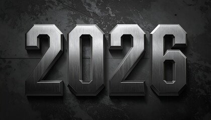 Metallic "2026" in bold font, textured background, gray tones, futuristic look