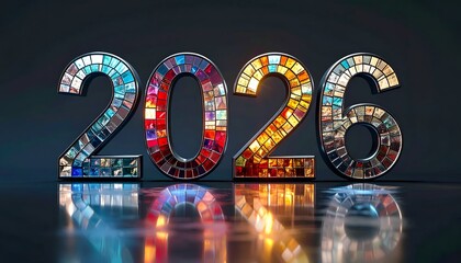Shiny mosaic 2026 number design, reflects light, on a dark backdrop