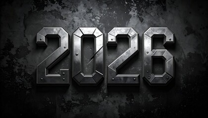 Metallic 2026 numerals on a dark, textured background, ominous and industrial