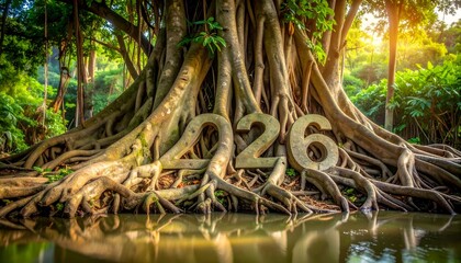 Numerals 26 sit at the roots of a grand, lush tree, reflecting in water