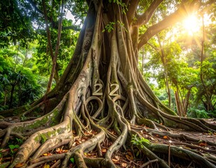 Massive tree with exposed roots, sun shining, jungle foliage, and numbers