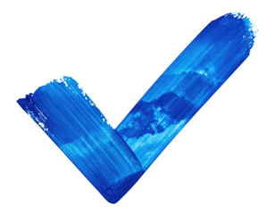 Blue paint checkmark with visible brush strokes on black