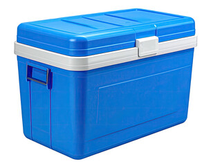Blue cooler box with a white trim, closed