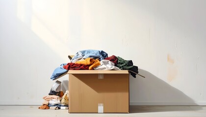 Cardboard box overflowing with colorful clothes against a white wall, indoors