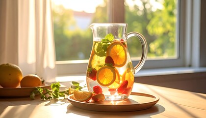 Pitcher of infused water with fruit, herbs, and sunlight