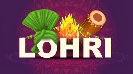 Creative happy lohri text typography design with green turban dhol drum and burning bonfire isolated on purple mandala pattern background for celebration