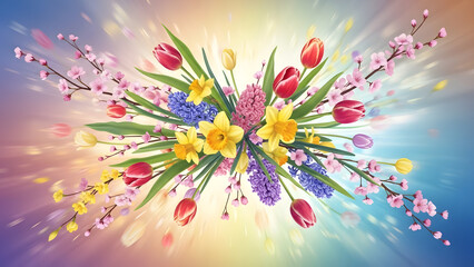 A dynamic and colorful arrangement of spring flowers including tulips and daffodils bursting from the center