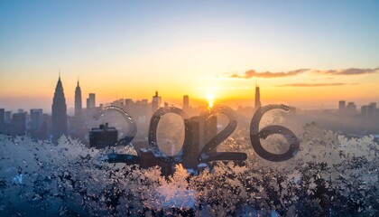 Frosted 2026 text overlayed on a cityscape at sunrise