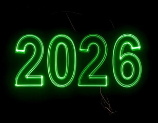Luminous green neon numbers, "2026," glow brightly against a black backdrop
