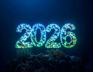 Illuminated "2026" underwater, nestled amidst coral and aquatic life