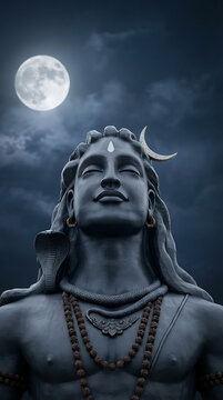 Peaceful close up face of lord shiva meditating with closed eyes under moonlight night sky for mahadev and maha shivratri spiritual devotion and peace